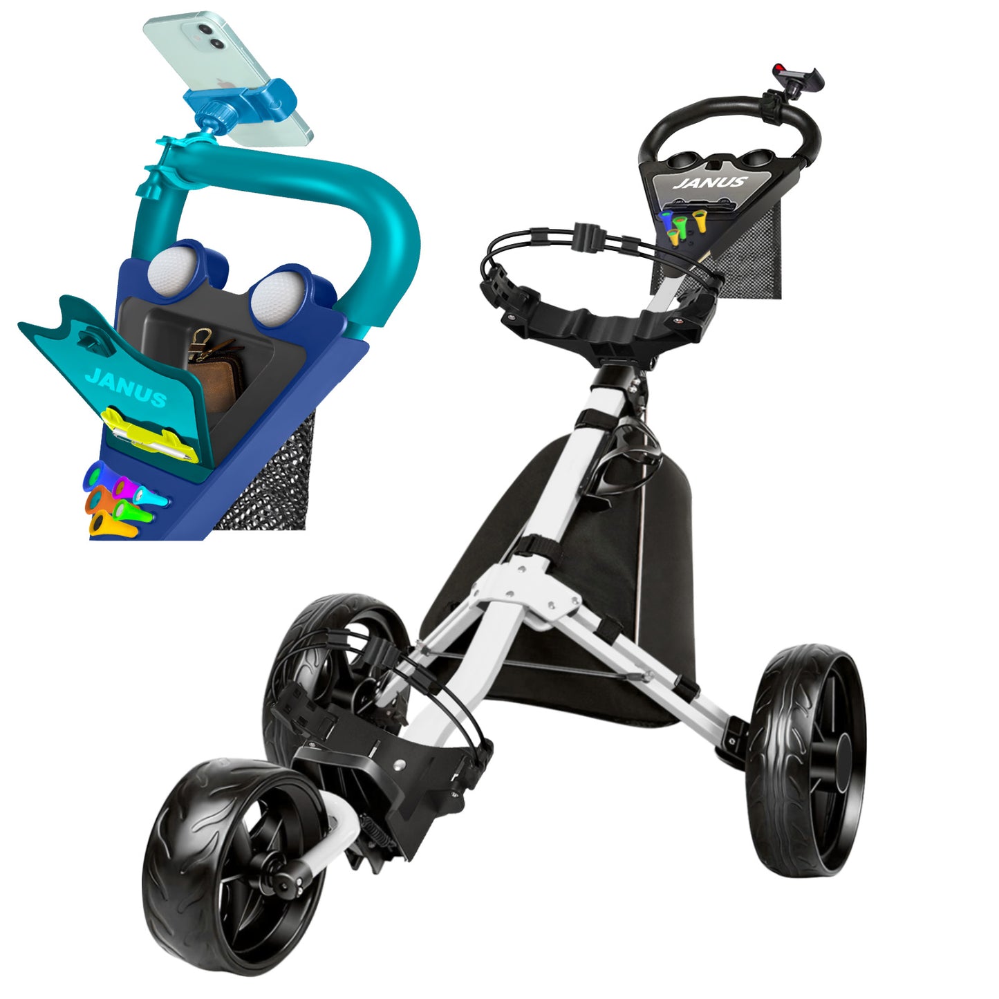 JANUS golf cart, Foldable golf push cart, golf bag cart, golf pull cart with phone holder and storage bag.