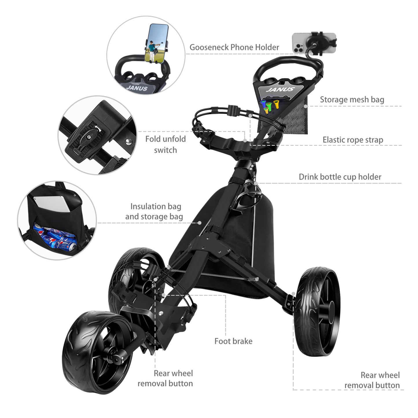 JANUS golf cart, Foldable golf push cart, golf bag cart, golf pull cart with phone holder and storage bag