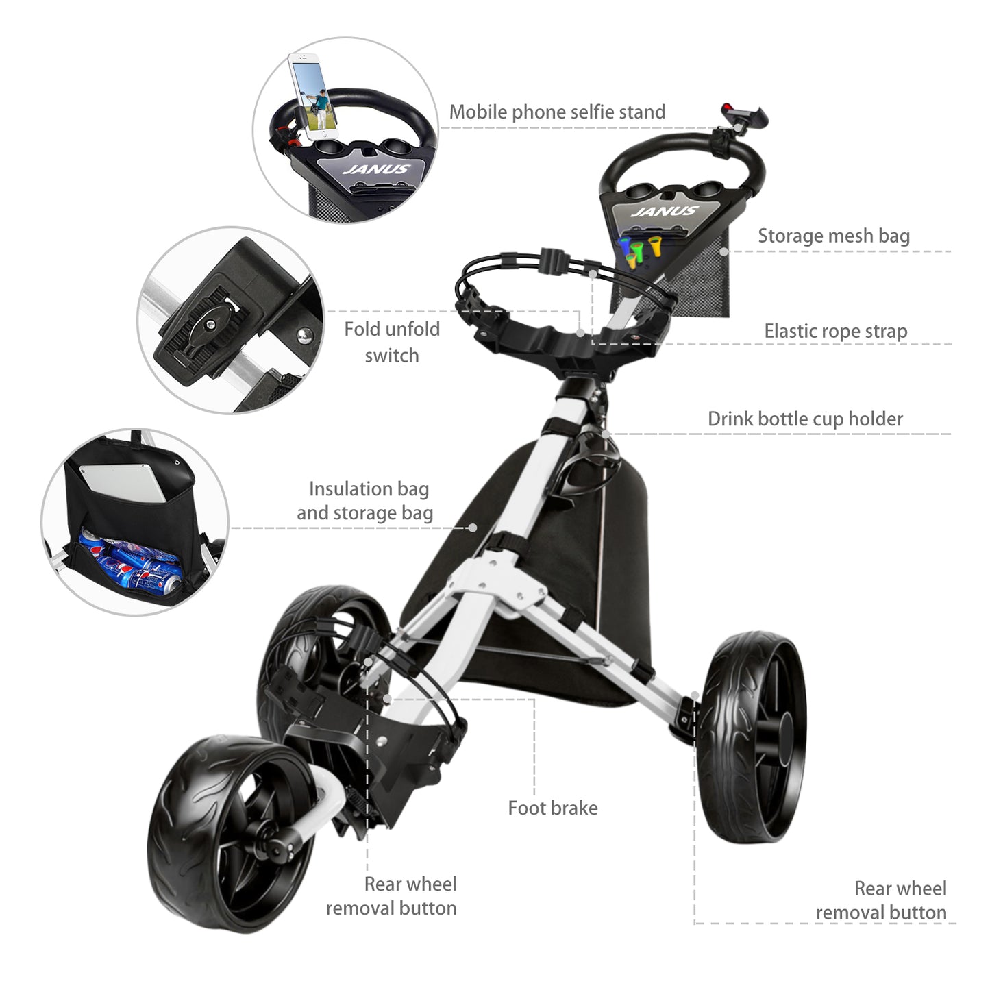 JANUS golf cart, Foldable golf push cart, golf bag cart, golf pull cart with phone holder and storage bag.