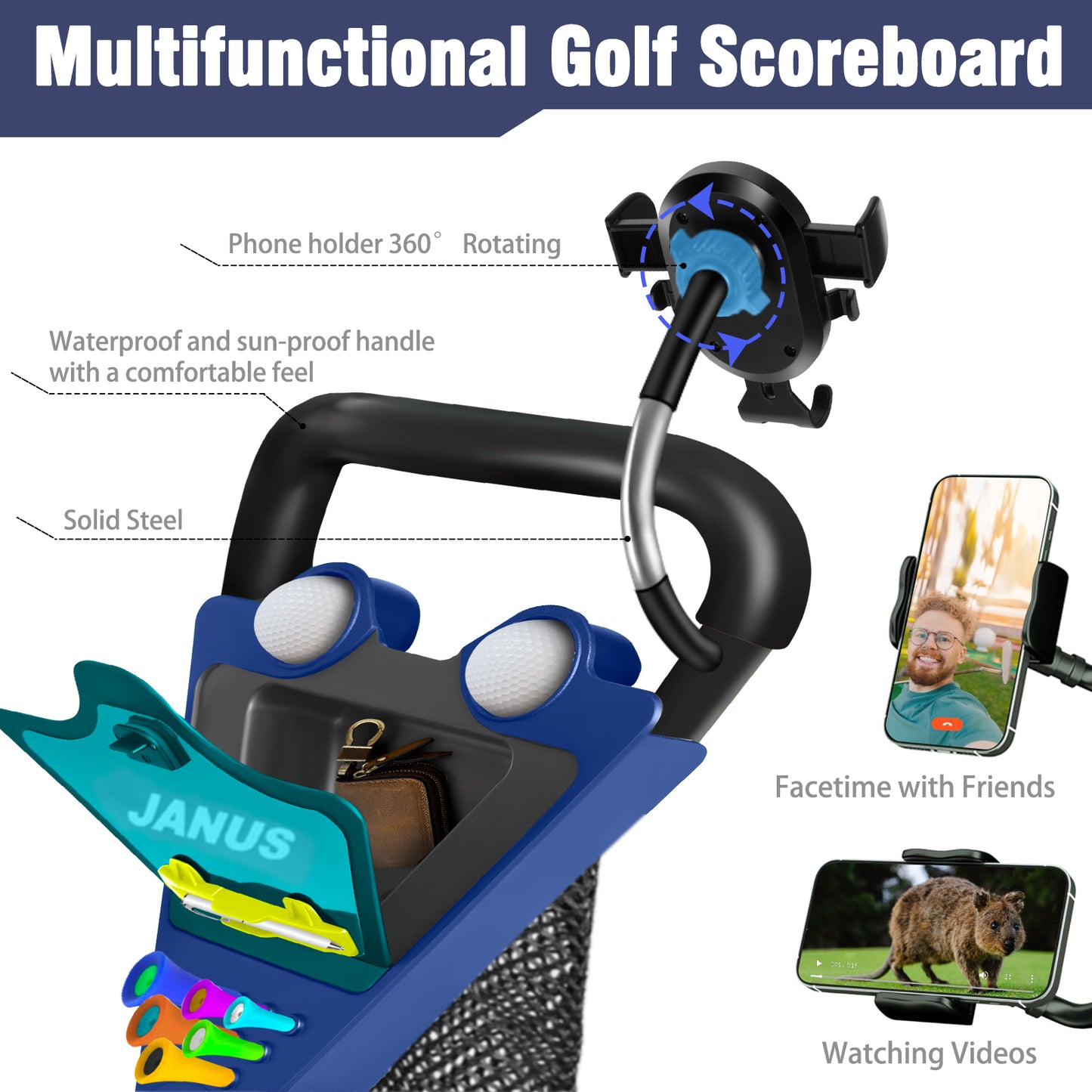 JANUS golf cart, Foldable golf push cart, golf bag cart, golf pull cart with phone holder and storage bag