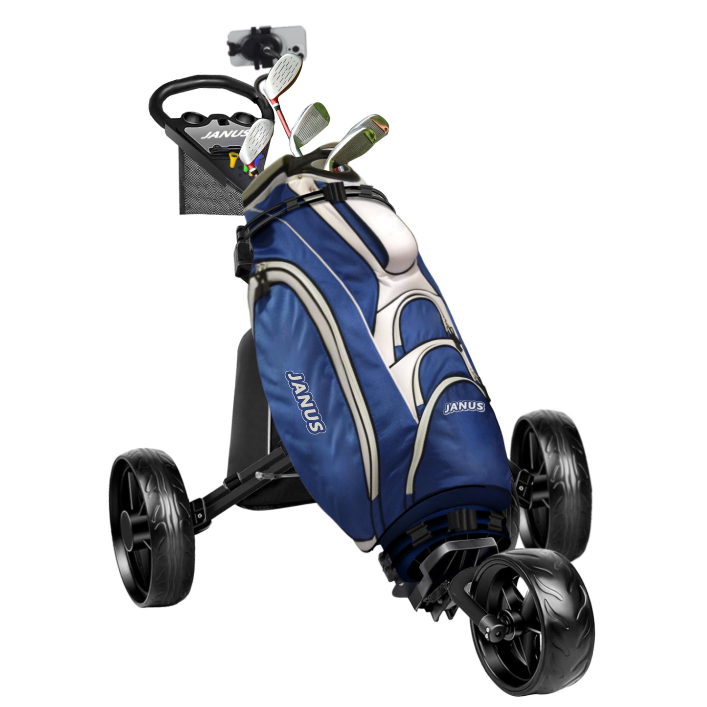 JANUS golf cart, Foldable golf push cart, golf bag cart, golf pull cart with phone holder and storage bag