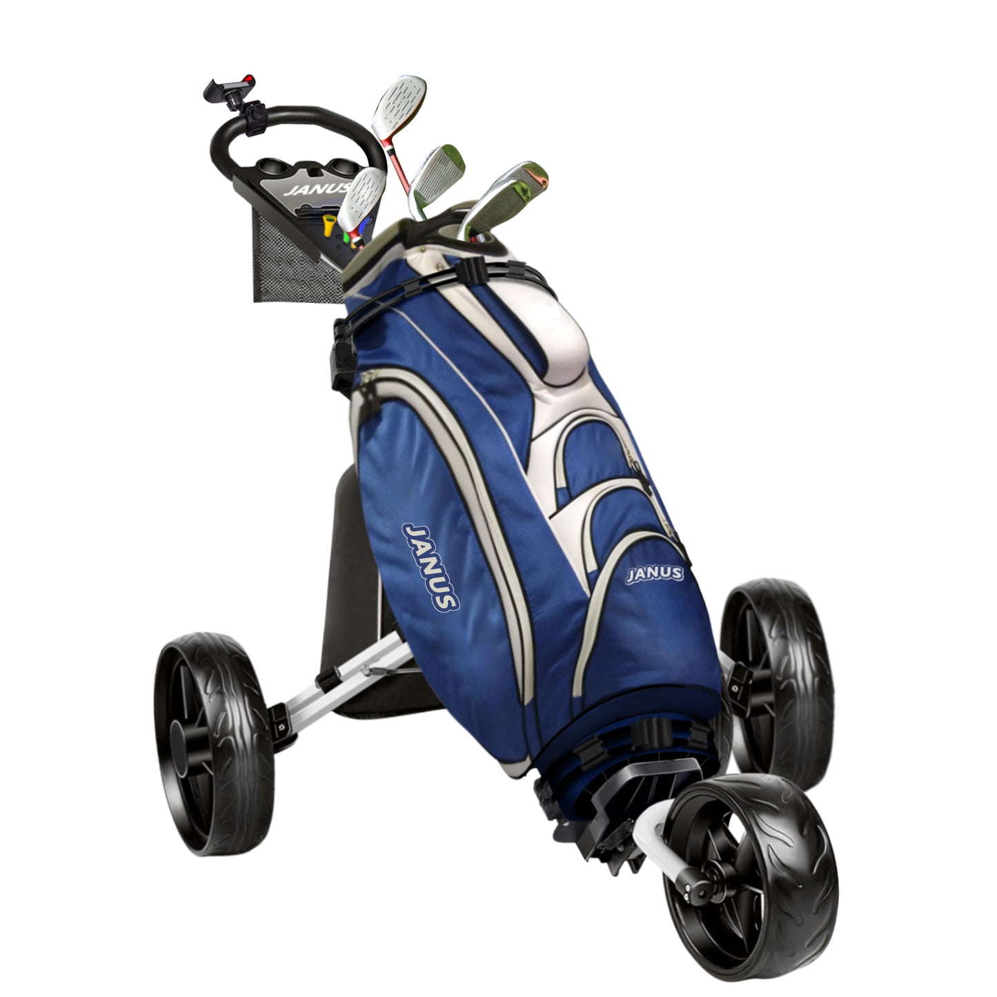 JANUS golf cart, Foldable golf push cart, golf bag cart, golf pull cart with phone holder and storage bag.