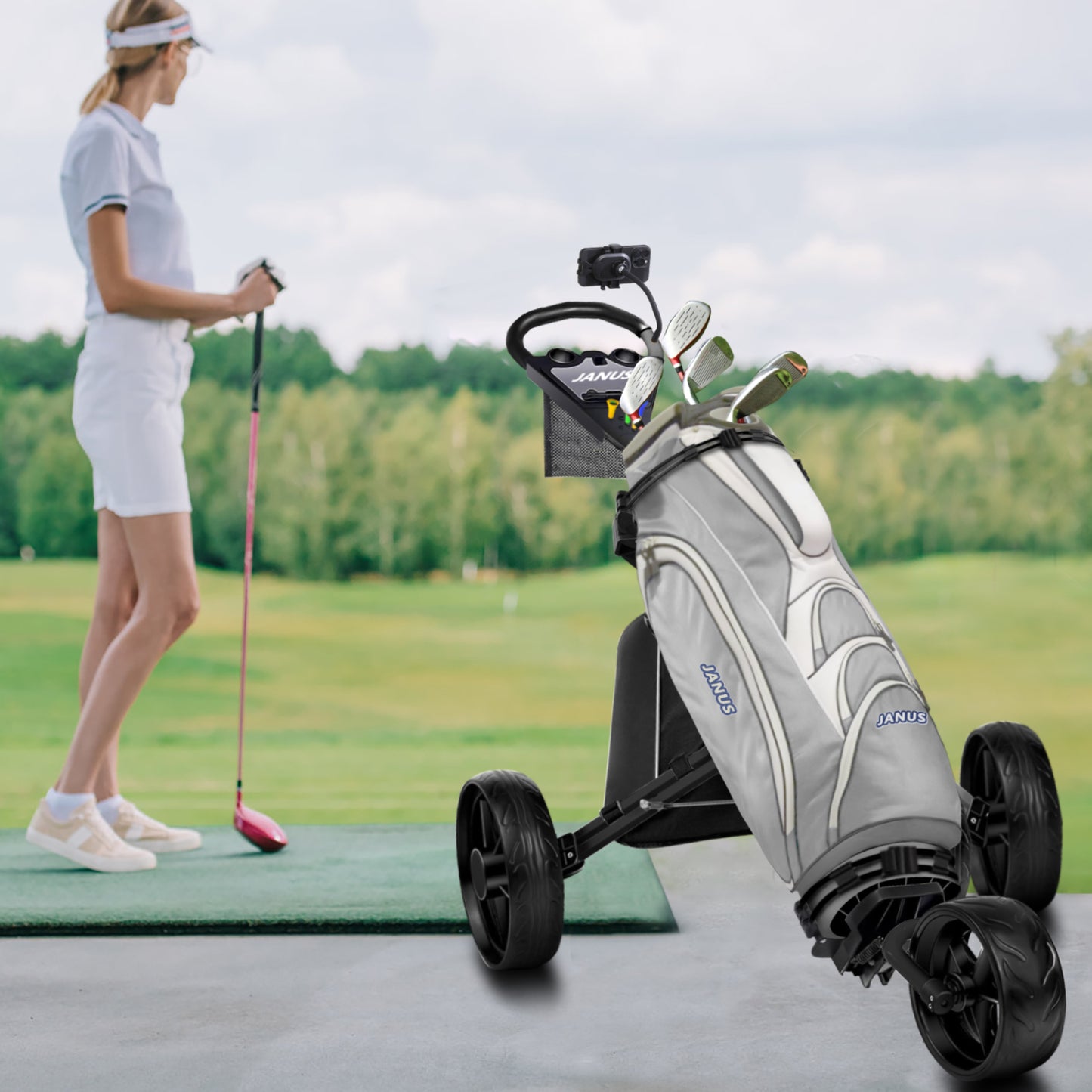 JANUS golf cart, Foldable golf push cart, golf bag cart, golf pull cart with phone holder and storage bag